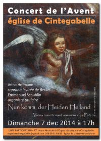 Concert Soprano et Orgue à l’église de Cintegabelle. Le dimanche 7 décembre 2014 à Cintegabelle. Haute-Garonne.  17H00